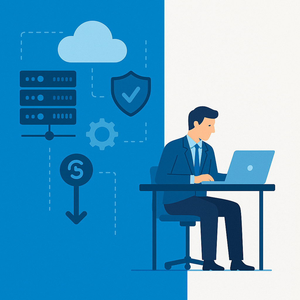 A minimalist landscape illustration showing Indiana’s outline with a computer and gear icon, connected to a businessperson and a downward-trending bar chart with a dollar symbol, representing IT outsourcing and cost reduction.