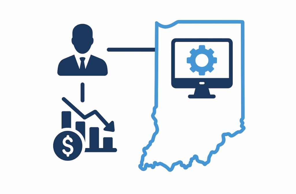 A minimalist landscape illustration showing Indiana’s outline with a computer and gear icon, connected to a businessperson and a downward-trending bar chart with a dollar symbol, representing IT outsourcing and cost reduction.