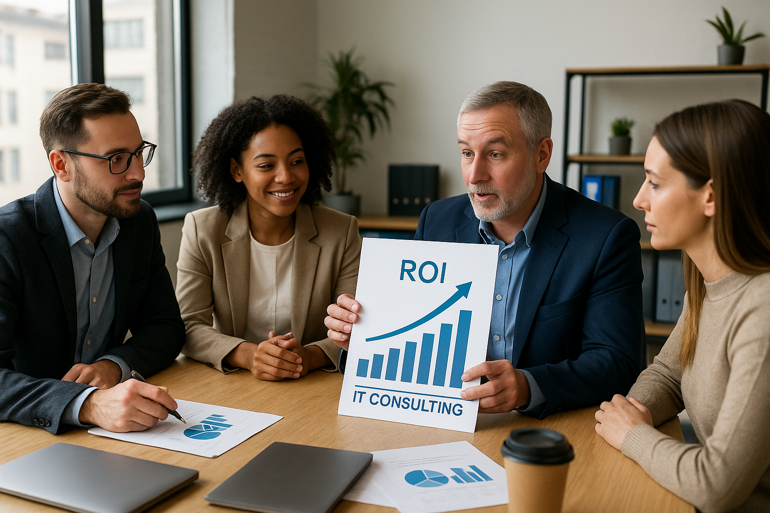 Business team analyzing ROI growth with IT consulting strategy Tier3 Partners, Indiana.