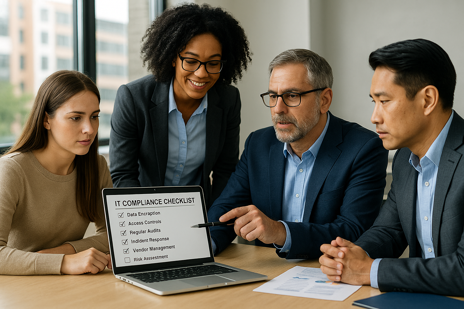 " Indiana business team reviewing IT compliance checklist with Tier3 Partners experts in 2025.