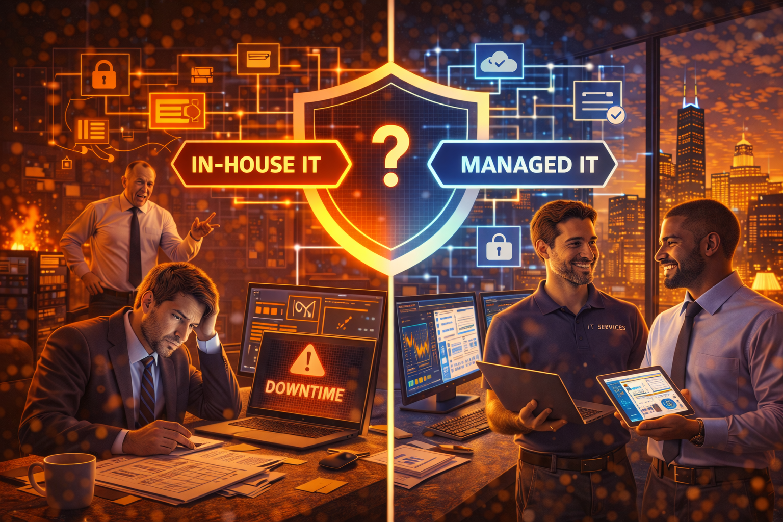 Business owner comparing in-house IT costs versus managed IT services on calculator for Indiana company