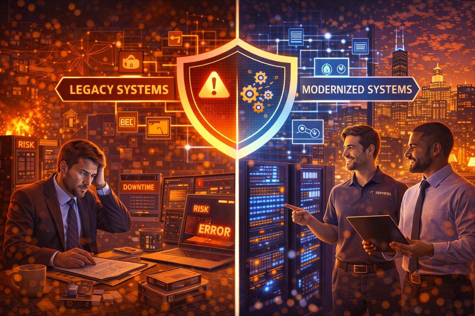 IT infrastructure modernization planning session showing network upgrade timeline for Indiana business